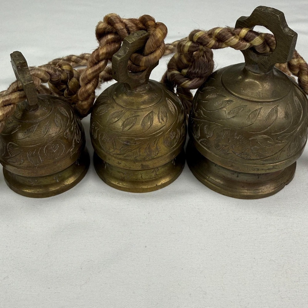 Vintage Brass Graduated Temple Bells Set of 3 Hand Etched Floral India Corded